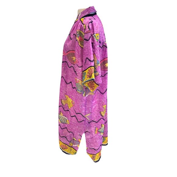 Tropical Fish Print Kaftan Dress Purple Yellow One Size By Rima 100% Shiffon - Picture 2 of 6
